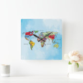 Horloge Carrée Carte du monde (Maison)