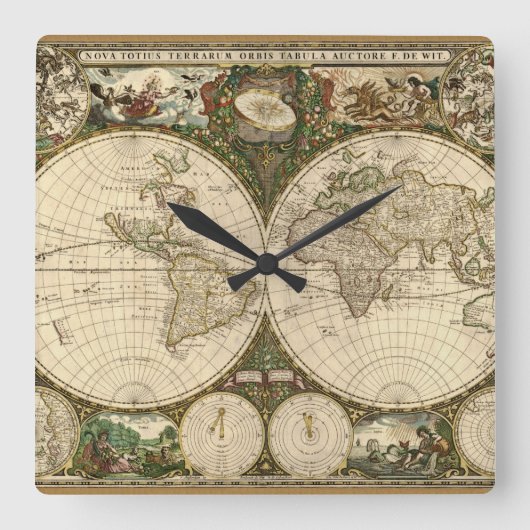 Horloge Carrée Carte du monde 1660 par Frederick de Wit (Recto)