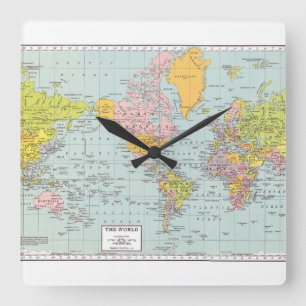 Horloge Carrée Carte du monde avec la frontière blanche