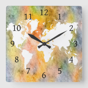 Horloge Carrée Carte du monde Design 63 orange