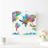 Horloge Carrée Carte du monde faite de formes géométriques (Maison)
