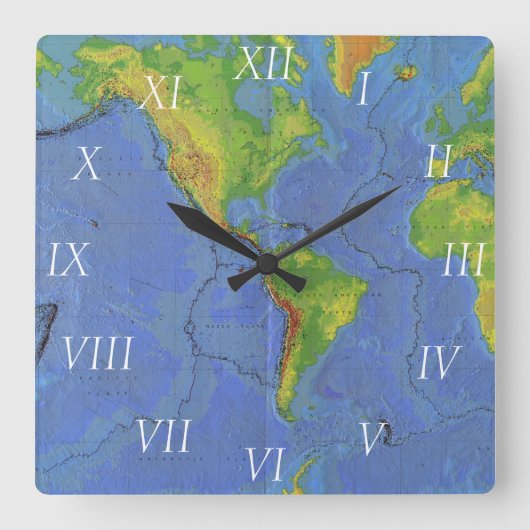 Horloge Carrée Carte du monde physique 1994 - Plaques tectoniques (Recto)