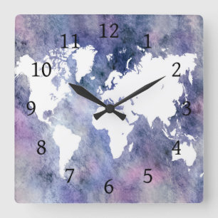 Horloge Carrée Carte du monde rose bleu Design 65