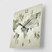 Horloge Carrée Carte du monde vert clair 123 (Angle)