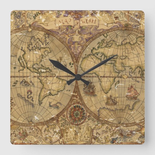 Horloge Carrée Carte du monde vintage (Recto)