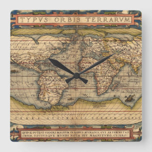 Horloge Carrée Carte du monde vintage par Abraham Ortelius 1564