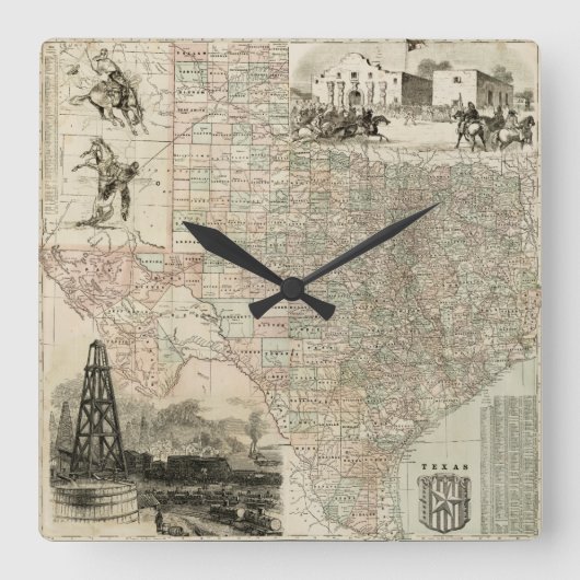 Horloge Carrée Carte du Texas avec des frontières du comté (Recto)