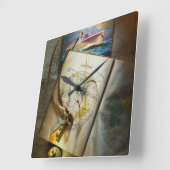 Horloge Carrée Carte et boussole (Angle)