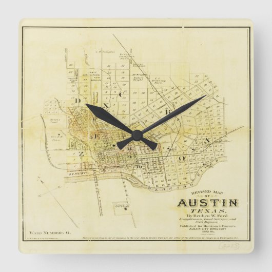 Horloge Carrée Carte historique d'Austin (Recto)