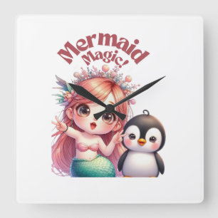 Horloge Carrée Carte magique de la sirène de Noël avec un manchot
