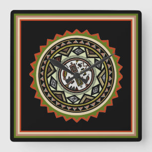 Horloge Carrée Carte murale Tribale Peruvienne Inca Gourd Design