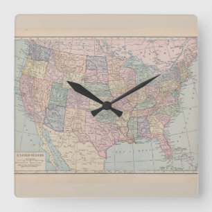 Horloge Carrée Carte vintage de l'horloge des Etats-Unis