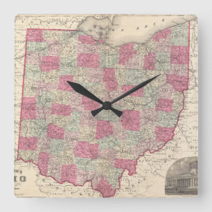 Horloge Carrée Carte vintage de l'Ohio (1864)