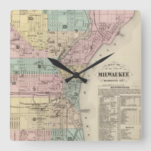 Horloge Carrée Carte vintage de Milwaukee le Wisconsin (1878)