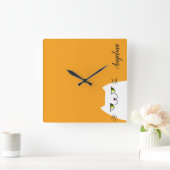 Horloge Carrée Cartoon Funny White Cat Monogram Yellow (Maison)