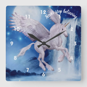 Horloge Carrée Cascade de licorne volante Inspirante Croire