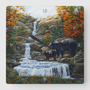 Horloge Carrée Cascade Mère et Cube Ours Noir