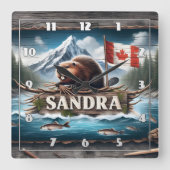 Horloge Carrée Castor canadien à Pittoresque River avec drapeau (Recto)