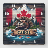 Horloge Carrée Castor canadien avec Arrière - plan du drapeau can (Recto)