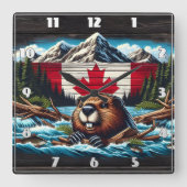 Horloge Carrée Castor canadien avec drapeau dans un cours d'eau d (Recto)
