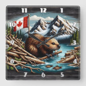 Horloge Carrée Castor canadien avec drapeau de Mountain River (Recto)
