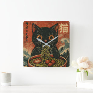Horloge Carrée Cat Ramen Japonais drôle Graphisme Kawaii Cat Anim