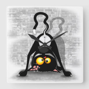 Horloge Carrée Cat Upside Down Funny Cartoon Character