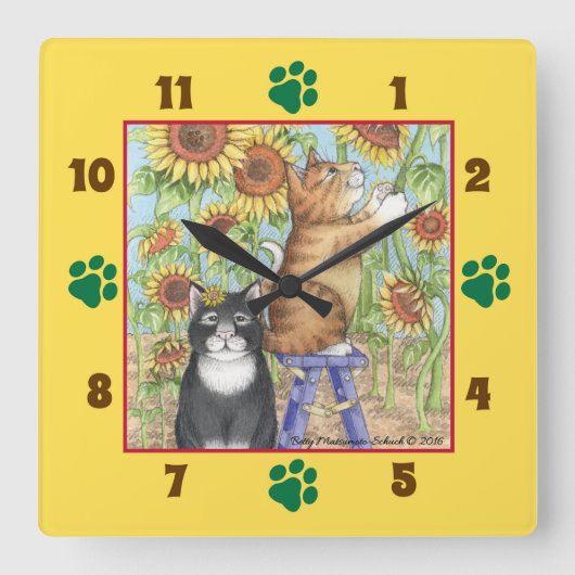 Horloge Carrée Cats With Sunflowers Square Wall Clock (Recto)