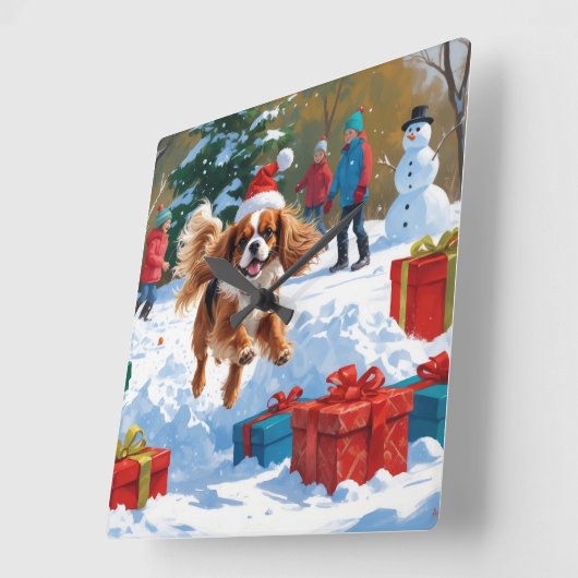 Horloge Carrée Cavalier King Charles Spaniel Neige avec Noël (Angle)