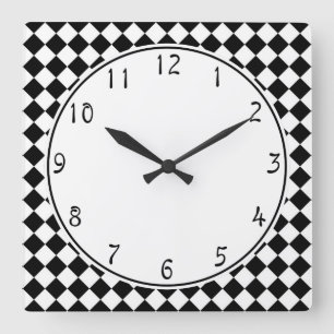 Horloge Carrée cercle blanc sur motif damier noir