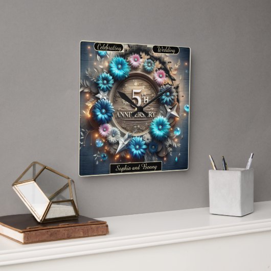 Horloge Carrée Cercle Élégant : Célébrer Cinq Ans D'Amour (Bureau)