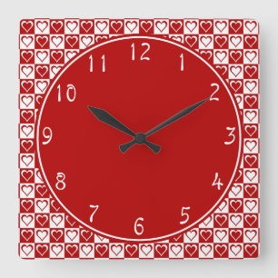 Horloge Carrée Cercle rouge avec motifs de cœur en damier