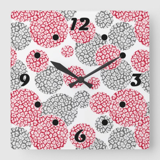 Horloge Carrée Cercles avec imprimé léopard gris et rouge (Recto)