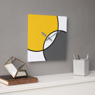 Horloge Carrée Cercles blancs gris jaune  