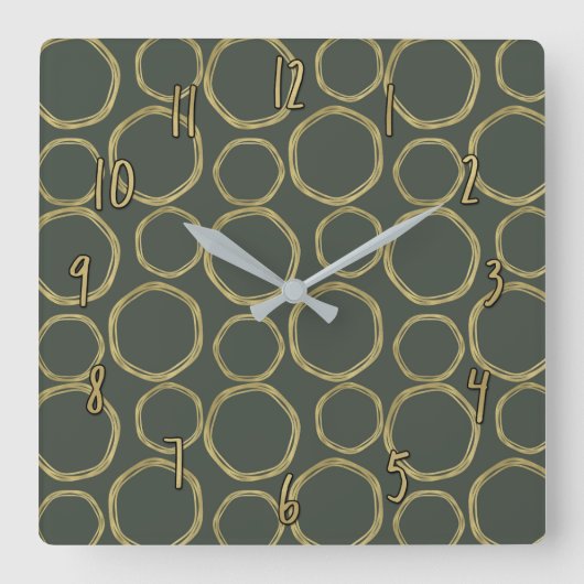 Horloge Carrée Cercles dorés & vert olive rustique moderne chic (Recto)
