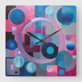 Horloge Carrée Cercles et Carrés rétro dans les tons doux rose et (Recto)