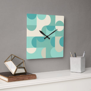 Horloge Carrée Cercles motif taupe beige bleu sarcelle vert menth