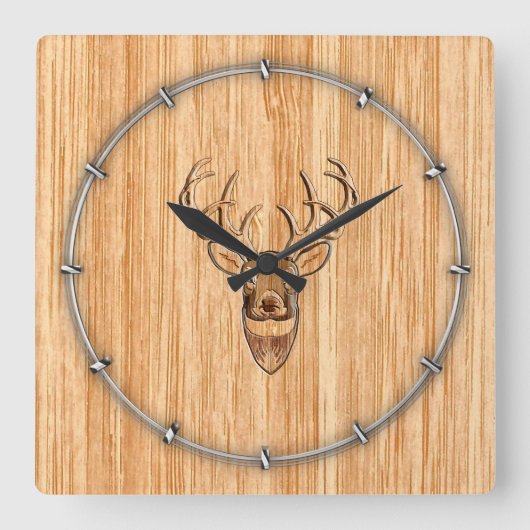 Horloge Carrée Cerf à Queue Blanche Tête Style Incrustation Bois (Recto)