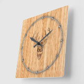 Horloge Carrée Cerf à Queue Blanche Tête Style Incrustation Bois (Angle)