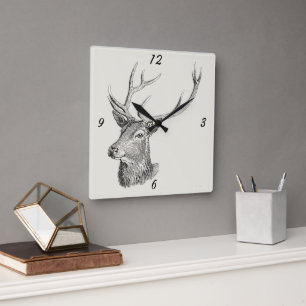 Horloge Carrée Cerf Buck Head avec Antlers Black and White Art