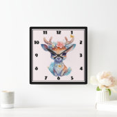 Horloge Carrée Cerf de Bébé mignon avec Antlers et Fleurs (Maison)