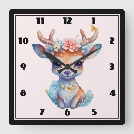 Horloge Carrée Cerf de Bébé mignon avec Antlers et Fleurs (Recto)