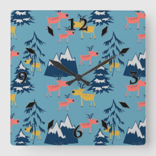 Horloge Carrée Cerf de Noël, arbres de Noël, montagnes