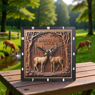 Horloge Carrée Cerfs gravés Forêt Arbres