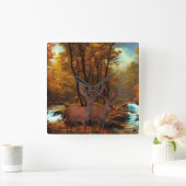 Horloge Carrée Cerfs Par Un Flux De Bois (Maison)