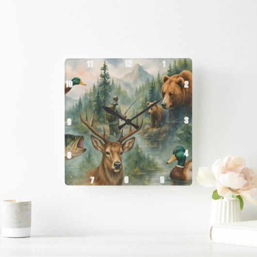 Horloge Carrée Cerfs pittoresques, Ours, Canards, Forêt faunique (Maison)