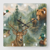 Horloge Carrée Cerfs pittoresques, Ours, Canards, Forêt faunique (Recto)