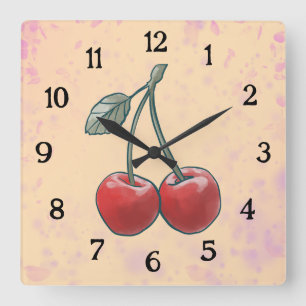 Horloge Carrée Cerise Aquarelle rose Fruit 