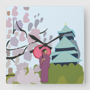Horloge Carrée Cerisier en Fleur Geisha Kimono Japon
