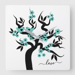 Horloge Carrée Cerisier turquoise, Inséparables noirs & fleurs